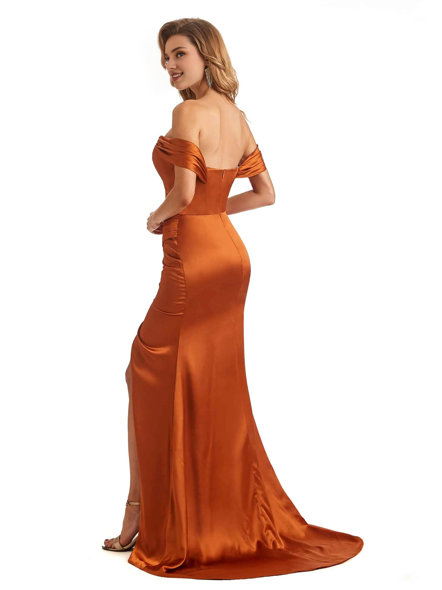 Sexy side slit mermaid off shoulder V-neck extra long soft satin bridesmaid dress