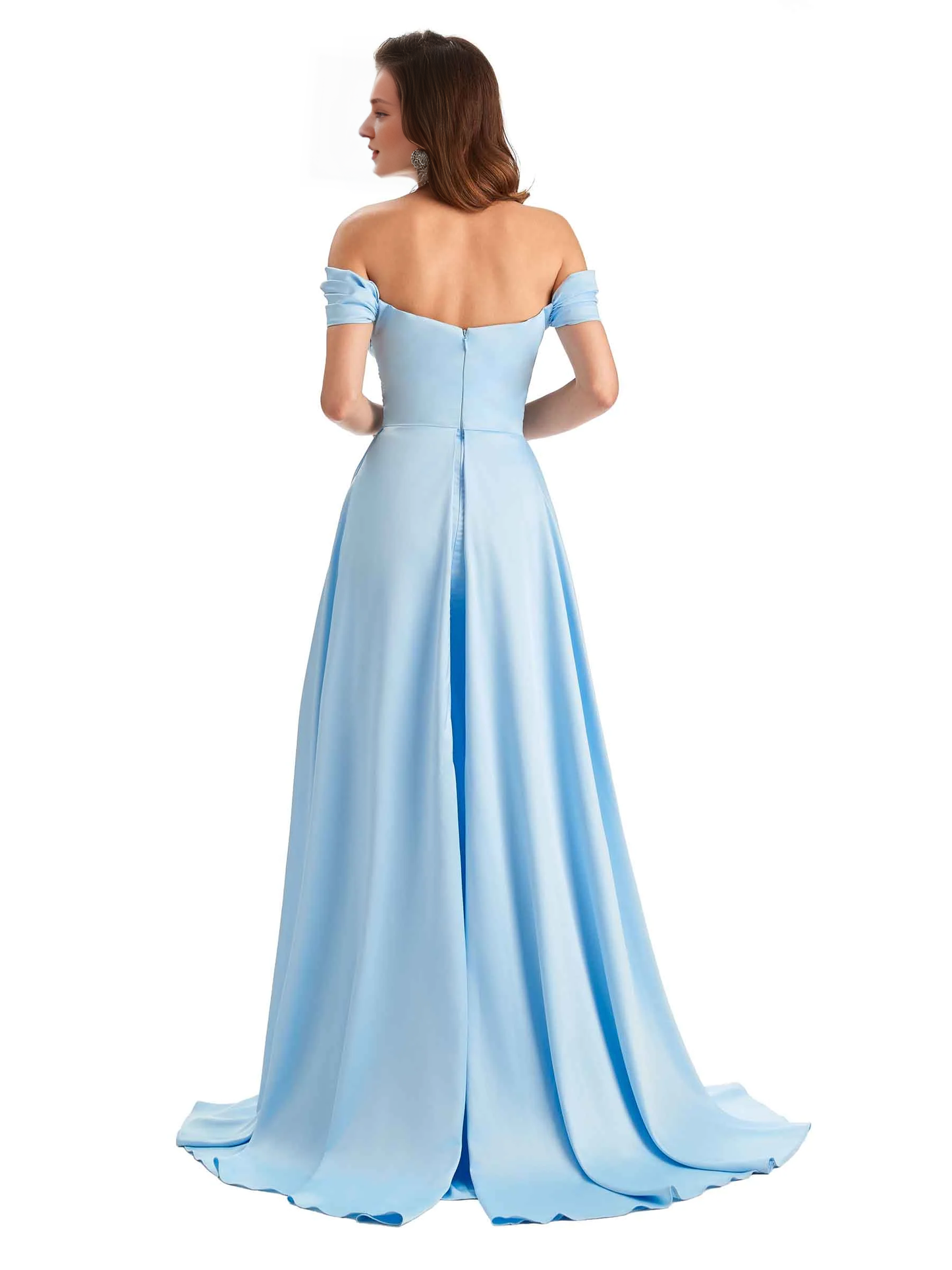 Sexy side slit mermaid soft satin off shoulder long unique bridesmaid dress