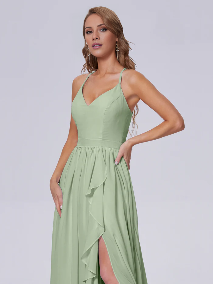 Elegant shoulder strap chiffon and floor length bridesmaid dress