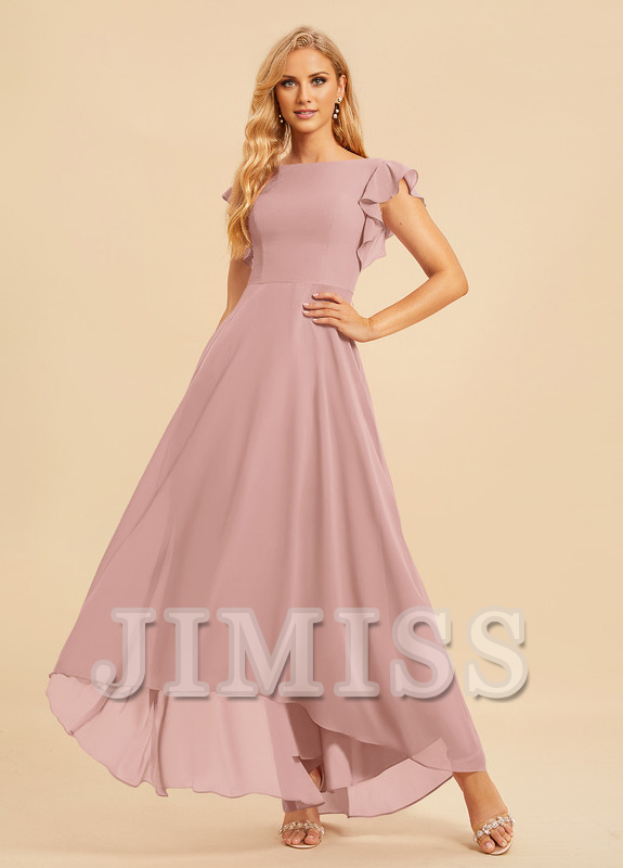 Ruffled A-line Scoop Asymmetric Chiffon Bridesmaids Dress