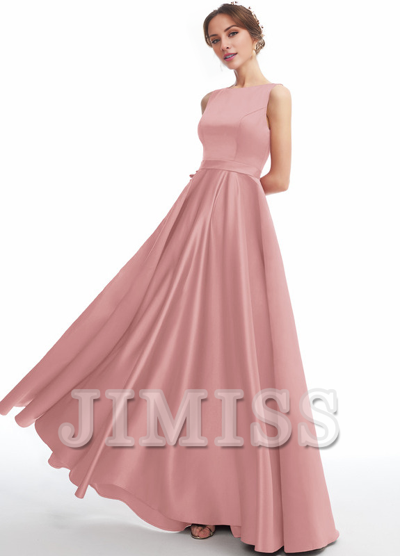 A-line Scoop Neck Floor Length Satin Bridesmaids Dress