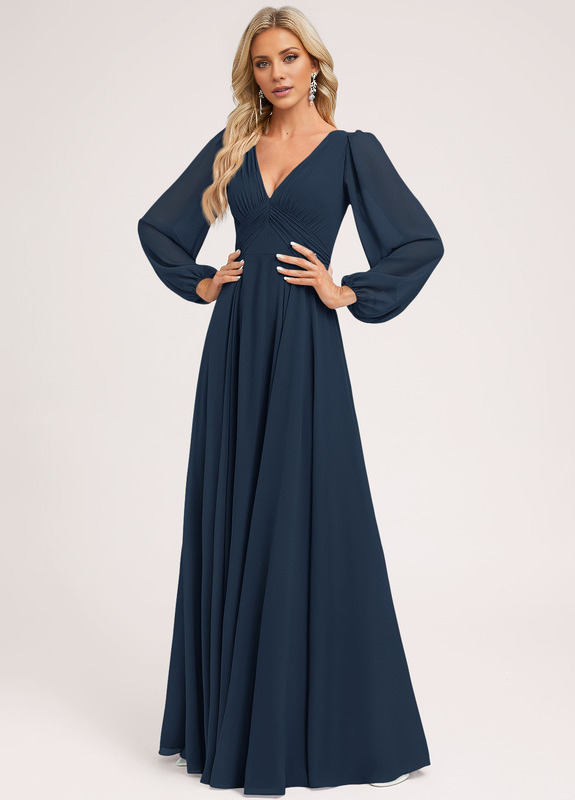 A-line V-neck floor-length chiffon bridesmaid dress