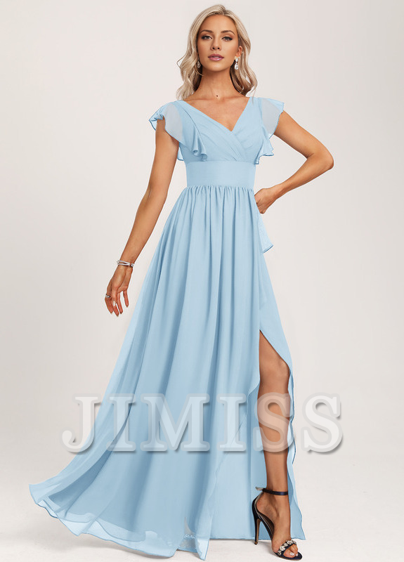 Ruffled A-line V-neck Floor-length Chiffon Bridesmaids Dress