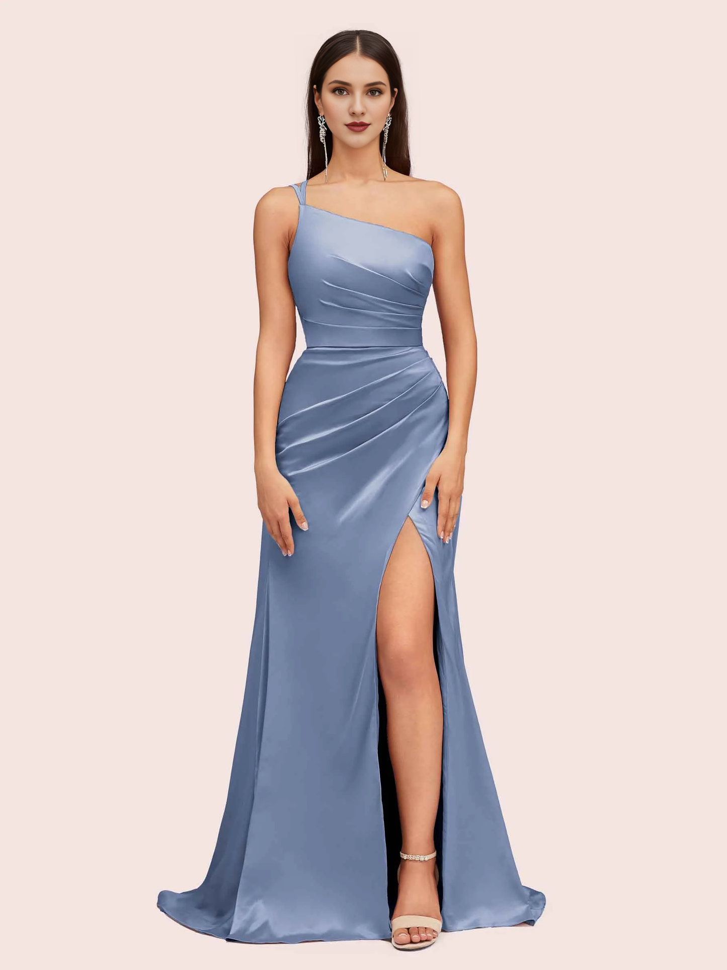one shoulder bridesmaid dresses soft satin marmaid dress for wedding guest with side slit