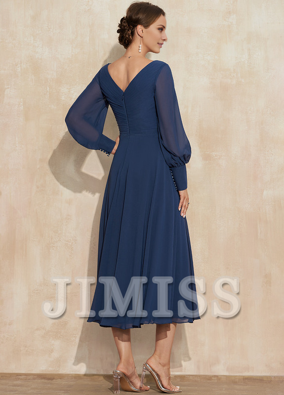A-line V-neck tea-length chiffon pleated bridesmaid dress