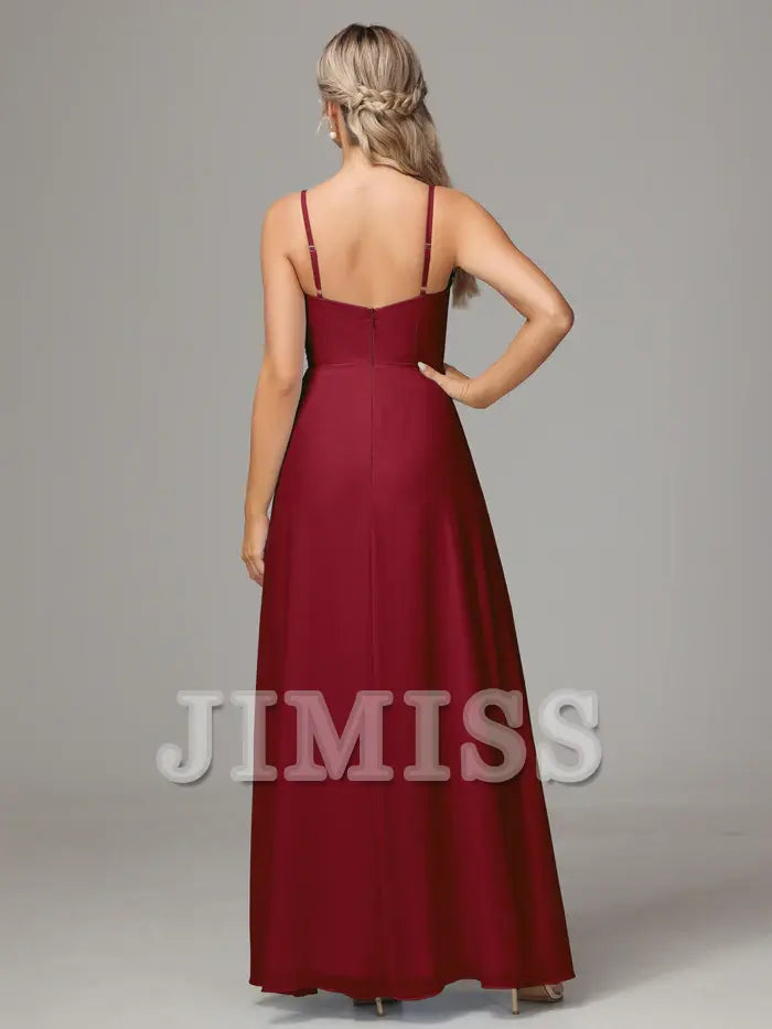 Thin shoulder strap sweetheart chiffon side slit bridesmaid dress