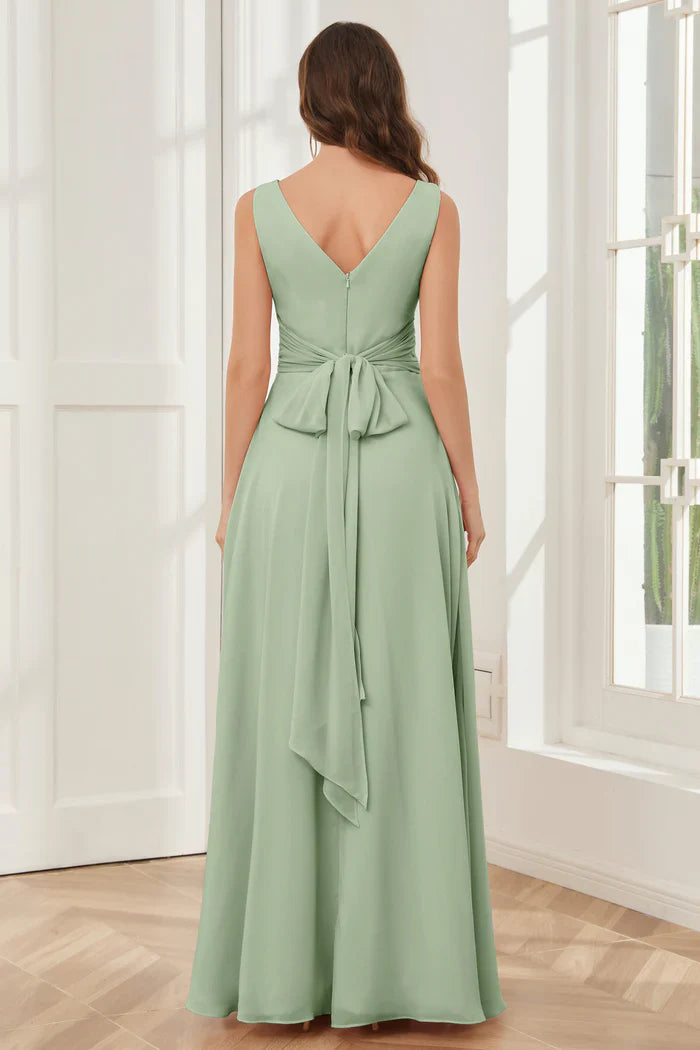 V-neck sleeveless chiffon side slit and floor length bridesmaid dress