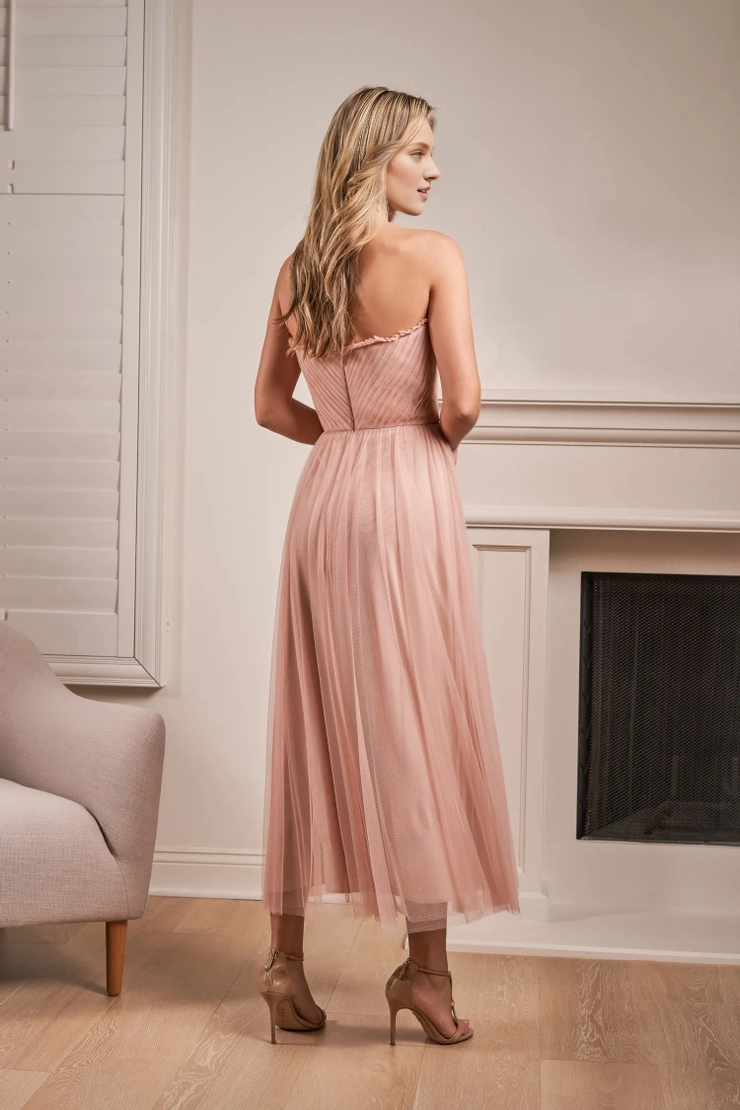 Soft chiffon A-line off shoulder V-shaped ruffled mid length bridesmaid dress