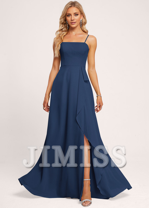 Ruffled A-Line Square Floor-Length Chiffon Bridesmaids Dress