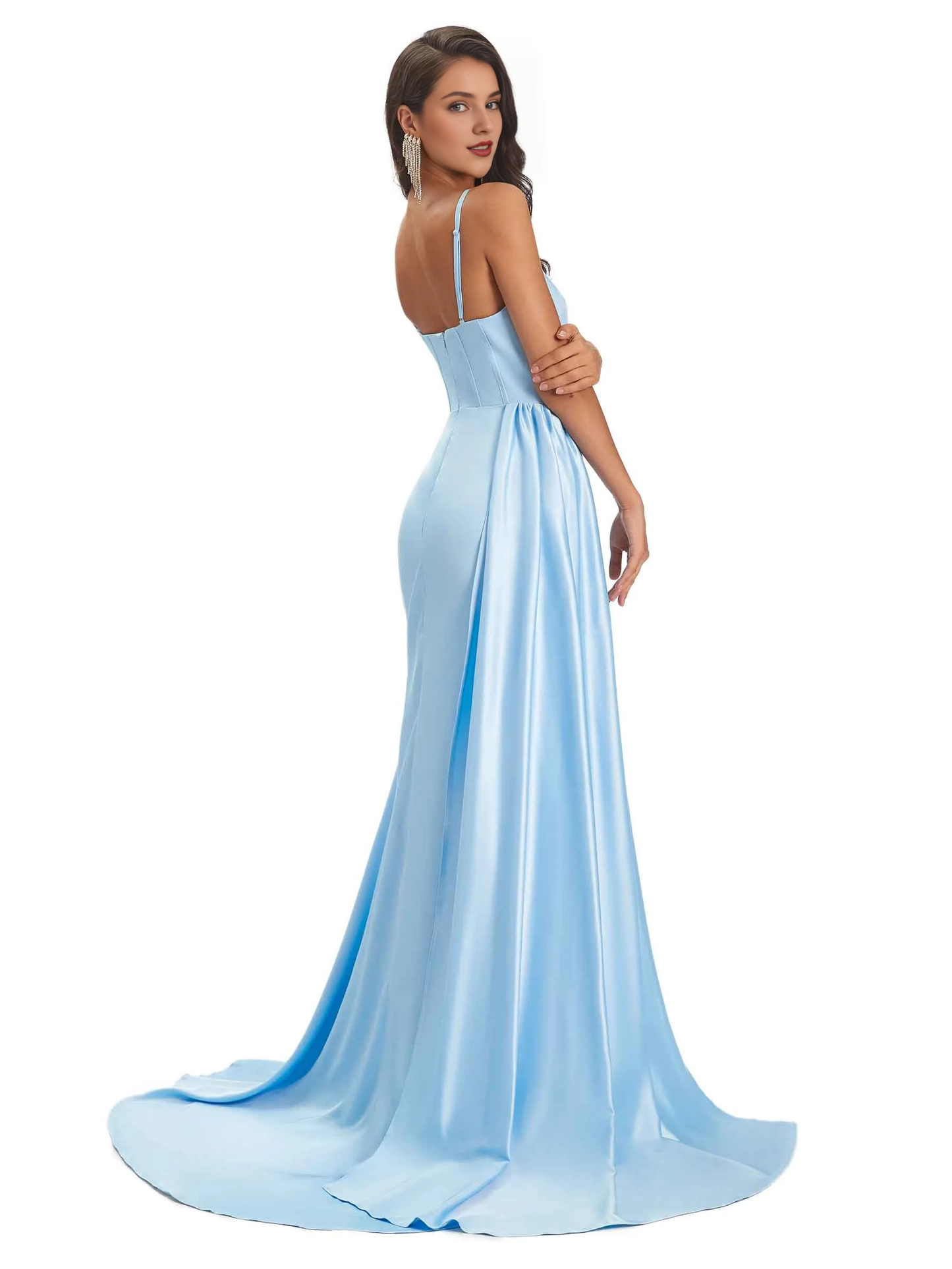 Sexy and soft satin side slit thin shoulder strap long mermaid unique bridesmaid dress