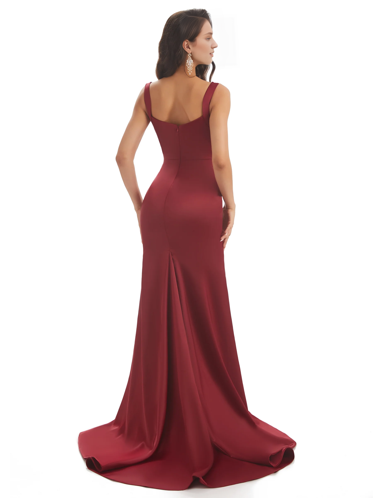 Sexy and soft satin side slit shoulder strap square and floor length fishtail bridesmaid dress