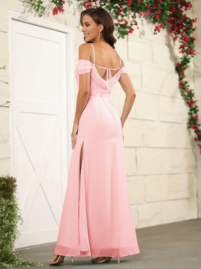 Split off shoulder thin shoulder strap chiffon and floor length bridesmaid dress