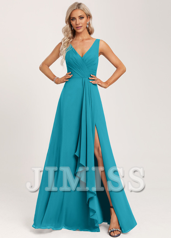 Ruffled A-line V-neck Floor-length Chiffon Bridesmaids Dress