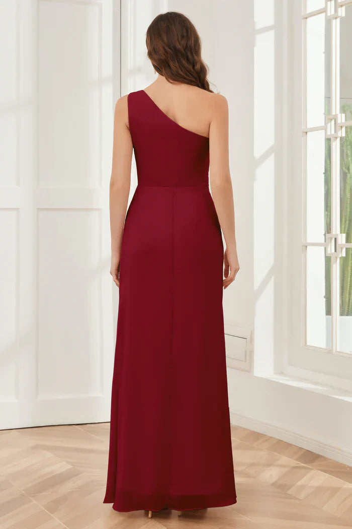 One shoulder sleeveless slit and floor length bridesmaid dress