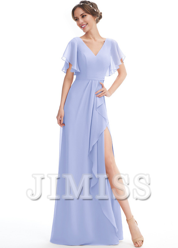 Ruffled A-line V-neck Floor-length Chiffon Bridesmaids Dress