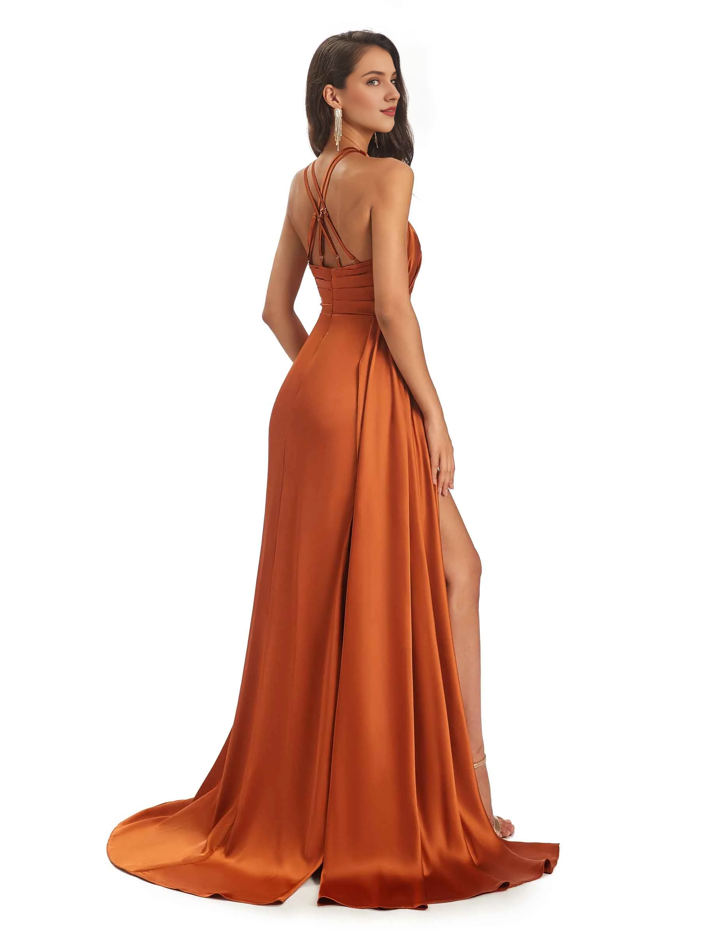 Sexy and soft satin hanging neck side slit and floor length fish tail bridesmaid dress