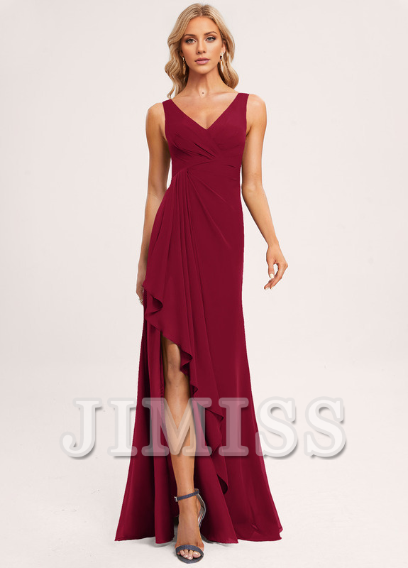 Ruffled A-line V-neck Floor-length Chiffon Bridesmaids Dress