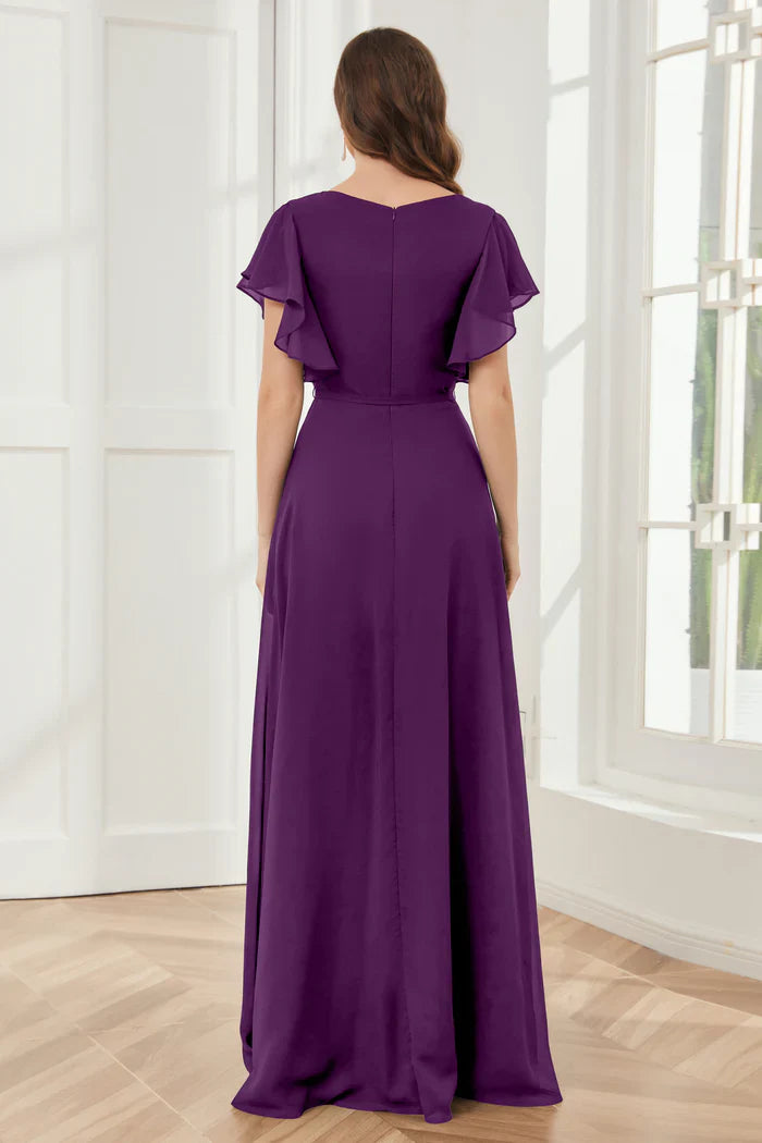 V-neck ruffled sleeve chiffon slit and floor length bridesmaid dress