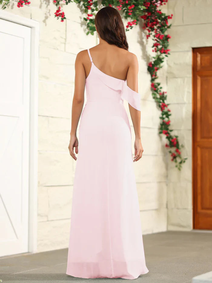 Chiffon one shoulder off shoulder and floor length bridesmaid dress