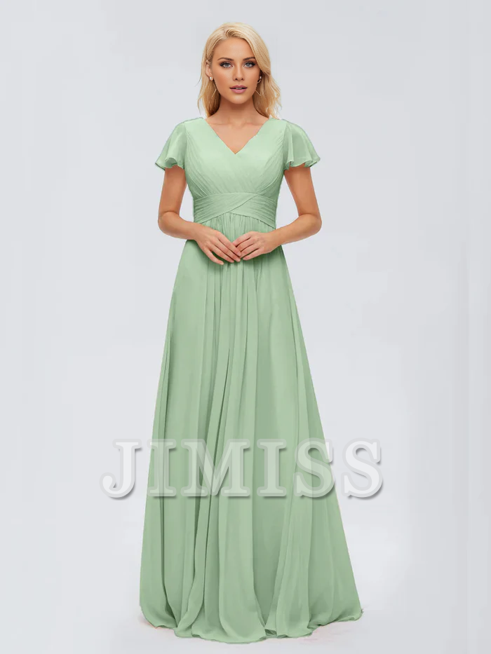 A-line V-neck chiffon side slit and floor length bridesmaid dress