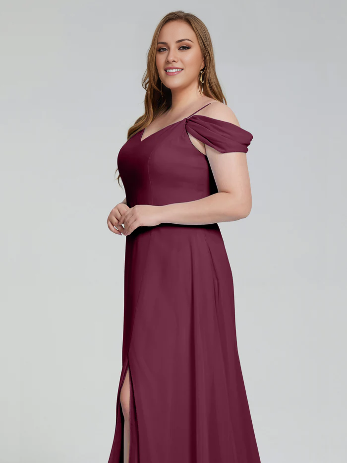 Thin shoulder strap plus size and floor length bridesmaid dress