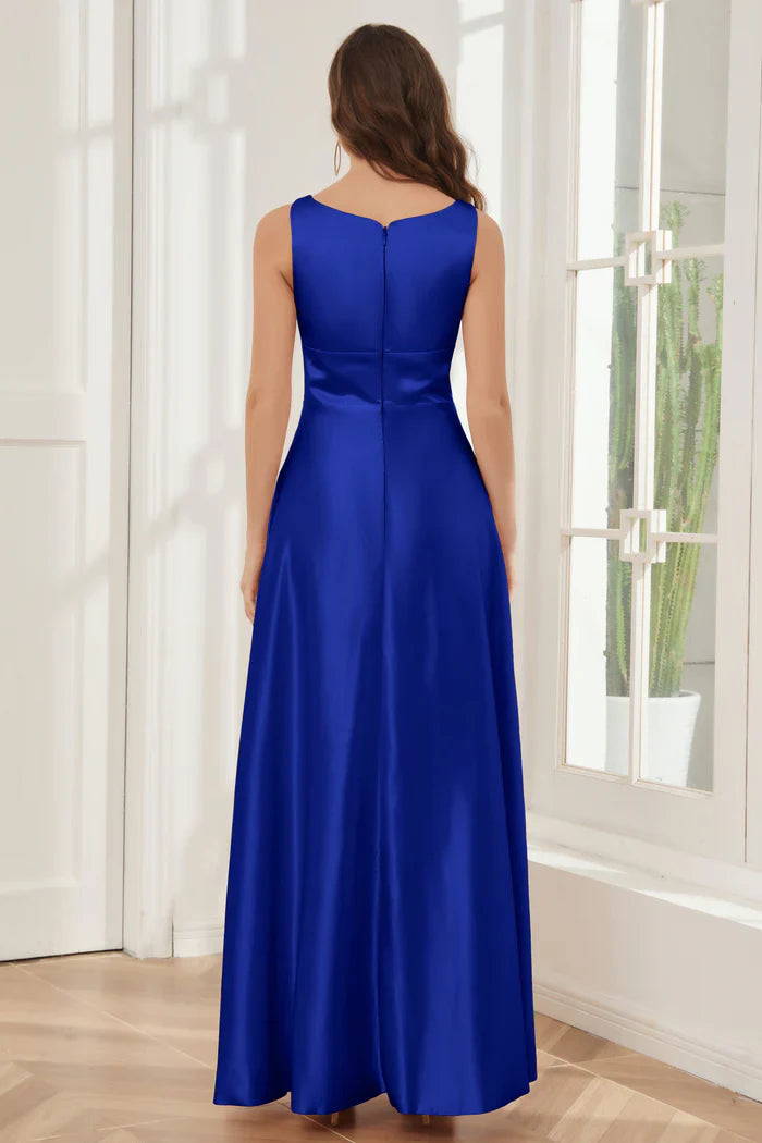 A-line sleeveless satin and floor length bridesmaid dress