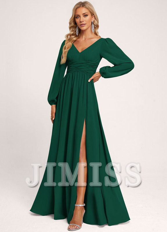 Ruffled A-line V-neck Floor-length Chiffon Bridesmaids Dress