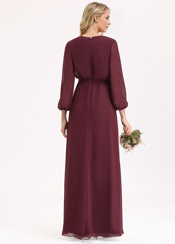 A-Line V-Neck Floor Length Chiffon Bow Pleated Bridesmaids Dress