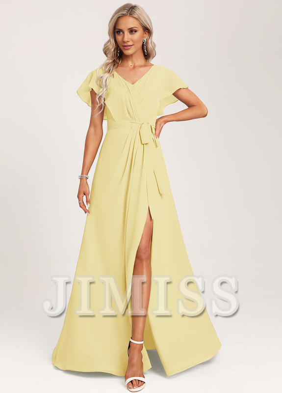 Ruffled A-line V-neck Floor-length Chiffon Bridesmaids Dress