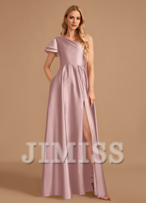 A-line one-shoulder floor-length satin bridesmaid dress