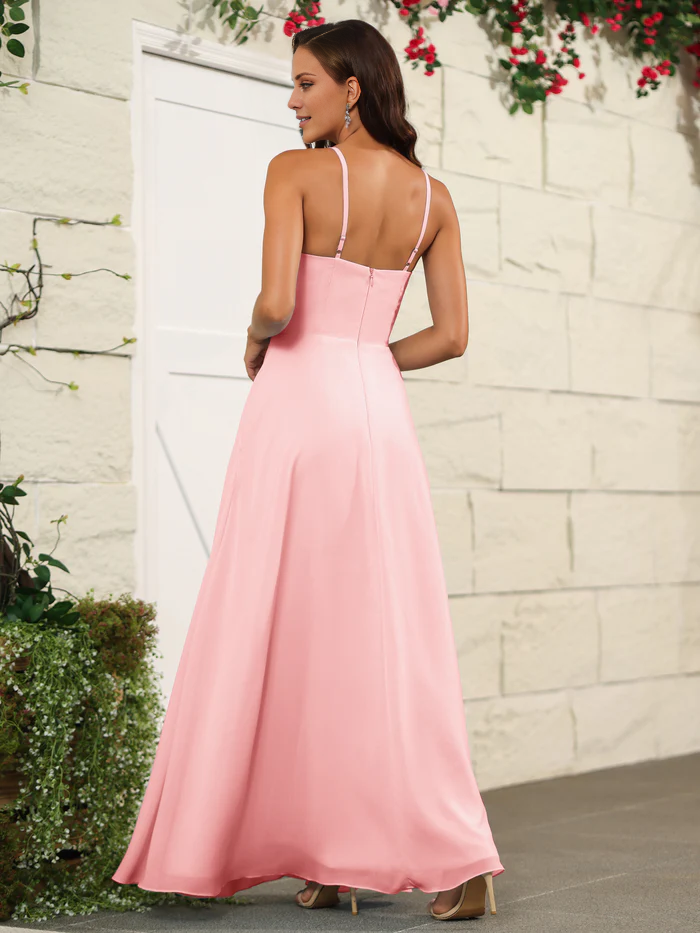 Beautiful chiffon thin shoulder strap and floor length bridesmaid dress
