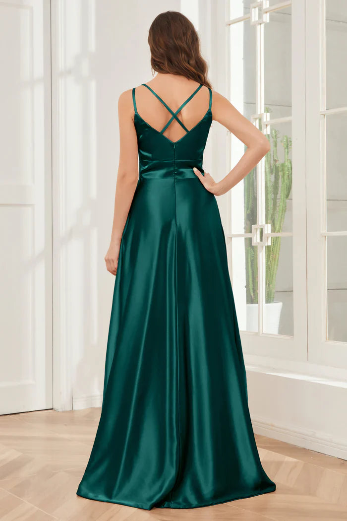 Thin shoulder strap V-neck soft satin and floor length bridesmaid dress