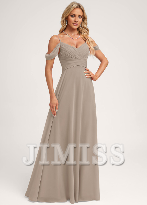A-line off-shoulder floor-length chiffon bridesmaid dress