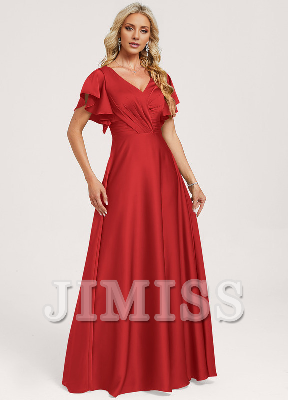Ruffled A-line V-neck Floor-length Satin Bridesmaids Dress