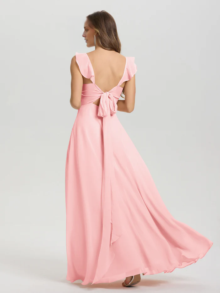 V-neck shoulder strap tied chiffon slit and floor length bridesmaid dress