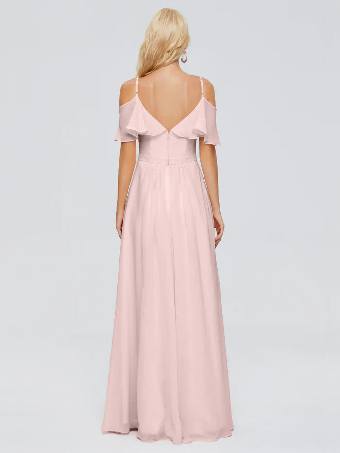 Thin shoulder strap ruffled chiffon and floor length bridesmaid dress