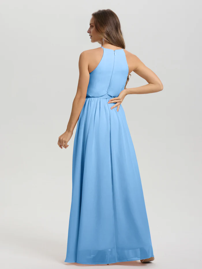 Hanging neck low round neck sleeveless chiffon and floor length Bridesmaid dresses