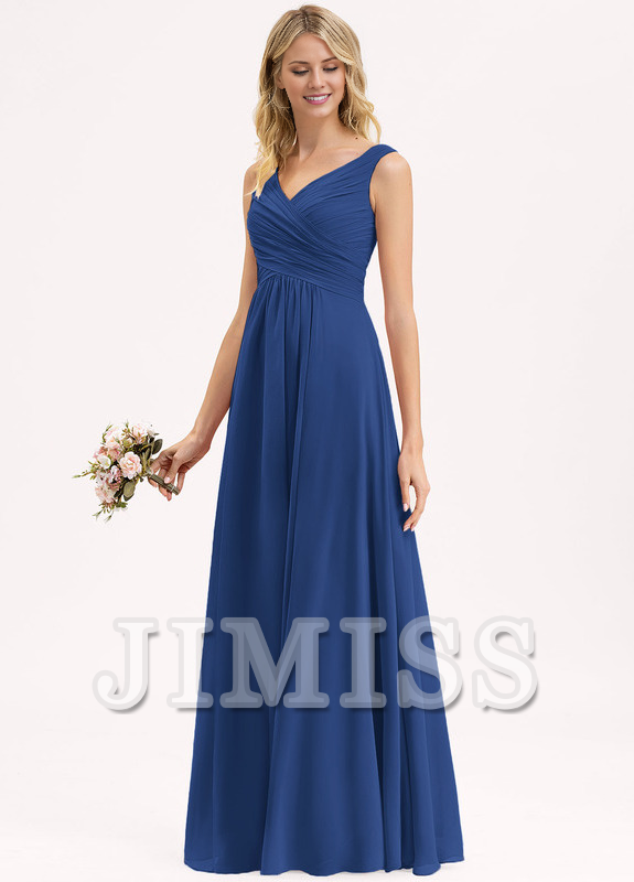 A-line V-neck floor-length chiffon pleated bridesmaid dress