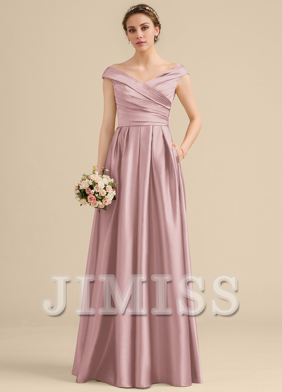 Ruffled A-Line Off-The-Shoulder Floor-Length Satin Bridesmaids Dress