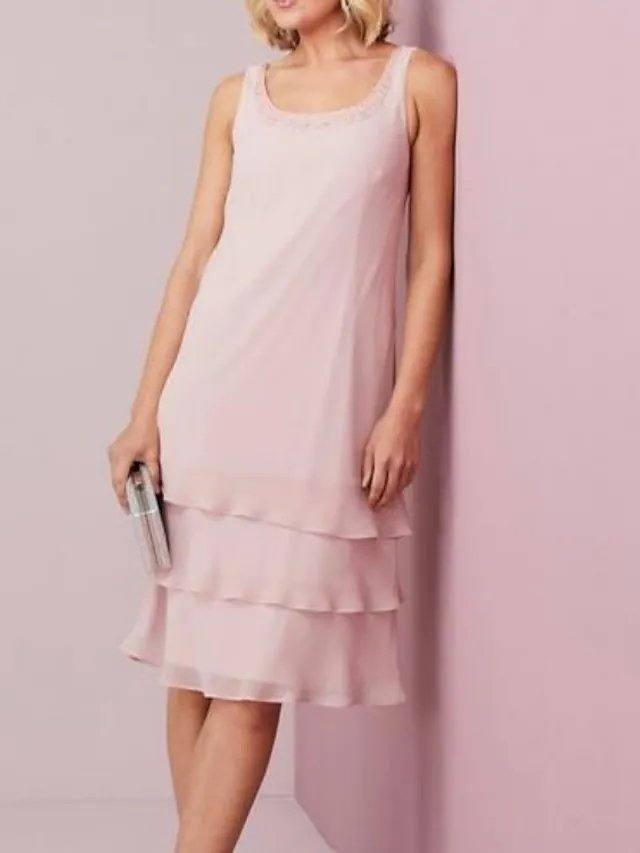 Two Piece Sheath / Column Mother of the Bride Dress Elegant Scoop Neck Knee Length Chiffon Lace Long Sleeve with Cascading Ruffles - RongMoon