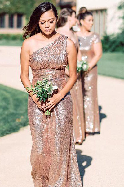 One Shoulder Rose Gold Sequins Long Bridesmaid Dress
