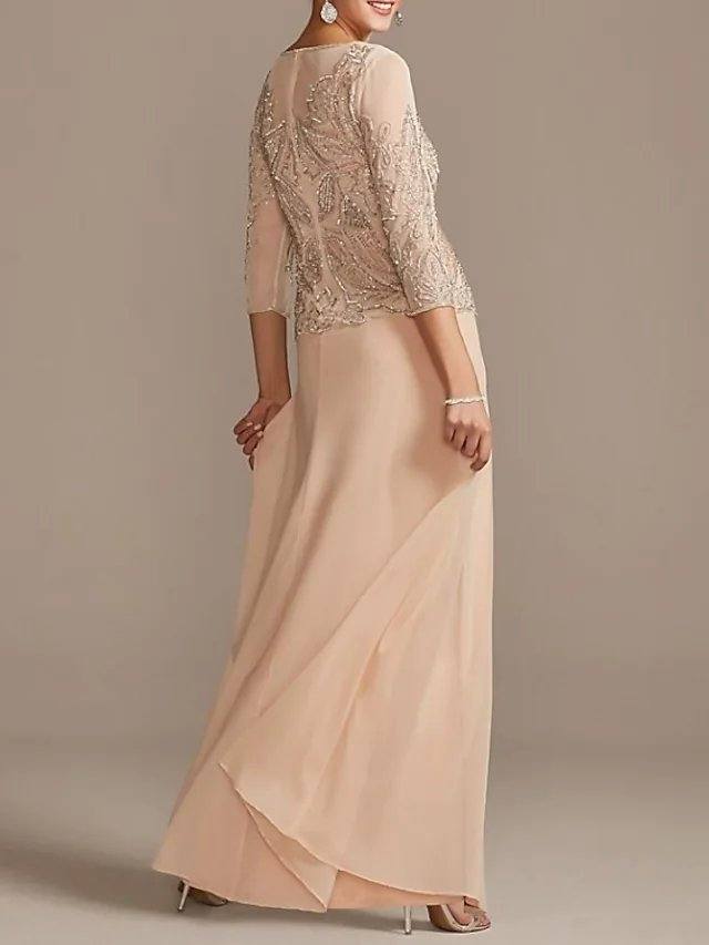 Sheath / Column Mother of the Bride Dress Elegant Jewel Neck Floor Length Chiffon Half Sleeve with Pleats Beading - RongMoon