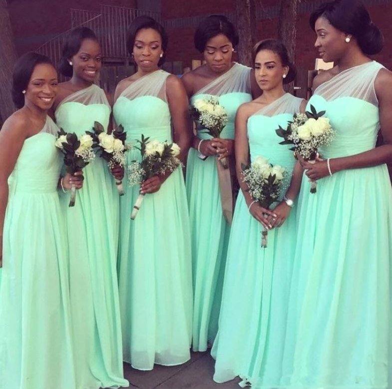Mint Green Bridesmaid Dresses For Women A-line One-shoulder Chiffon Long Cheap Under 50 Wedding Party Dresses - RongMoon