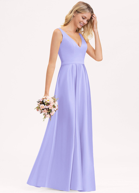 A-line V-neck floor-length satin bridesmaid dress