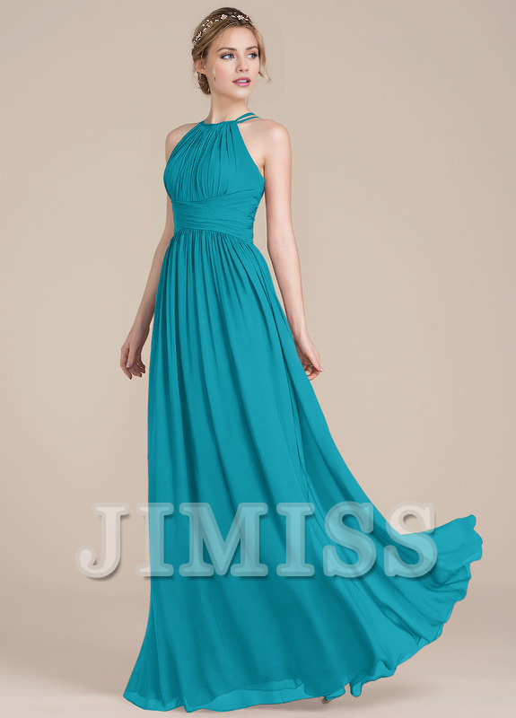 Lotus leaf A-line low round neck chiffon bridesmaid dress