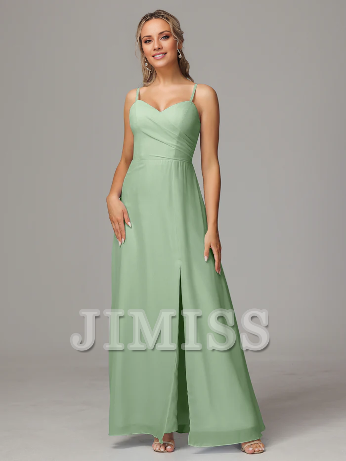 Thin shoulder strap sweetheart chiffon side slit bridesmaid dress