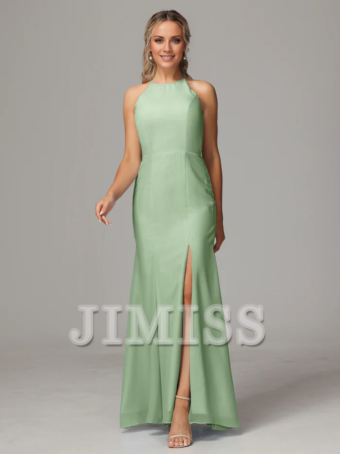 Hanging neck backless chiffon side slit bridesmaid dress