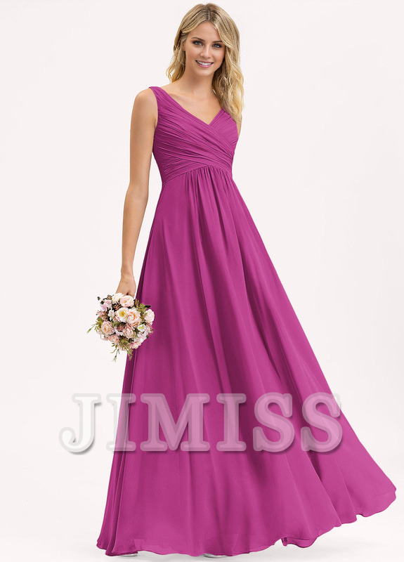 A-line V-neck floor-length chiffon pleated bridesmaid dress