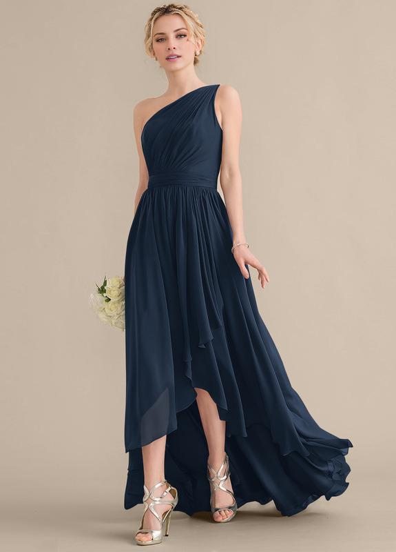 Tiered Ruffle A-Line One Shoulder Asymmetric Chiffon Bridesmaids Gown