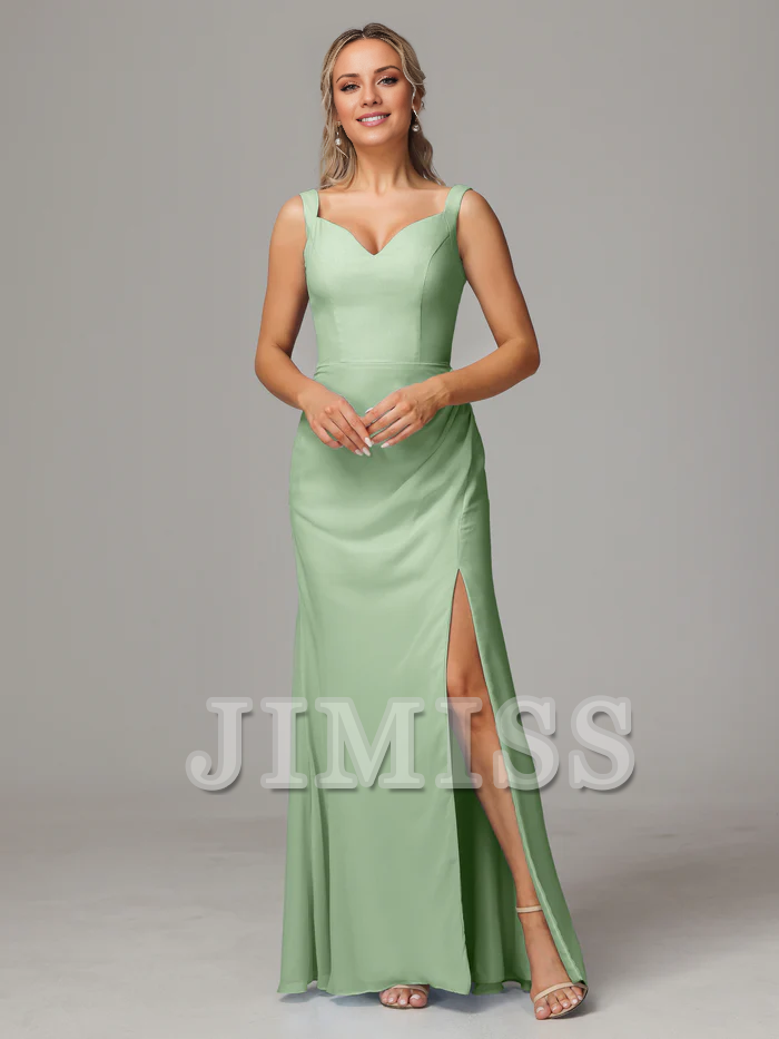 V-neck slit sleeveless off shoulder chiffon bridesmaid dress